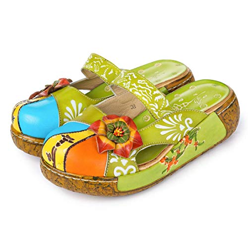 gracosy Leather Slipper, Women's Oxford Slipper Vintage Slip-Ons Mule Clog Colorful Flower Backless Loafer Shoes