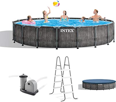 Intex 26743EH Greywood Premium Prism 18ft x 48in Steel Frame Outdoor Above Ground Round Swimming Pool Set with Cover, Ladder, and 1500 GPH Filter Pump