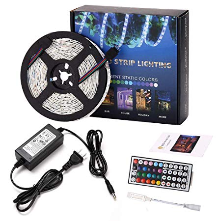 LEN LED Strip Lights with Remote 5M 16.4 Ft 5050 RGB 150LEDs Flexible Color Changing Full Kit with RF mini Controller, 12V 2A Power Supply for Home & Kitchen and Christmas Decorative
