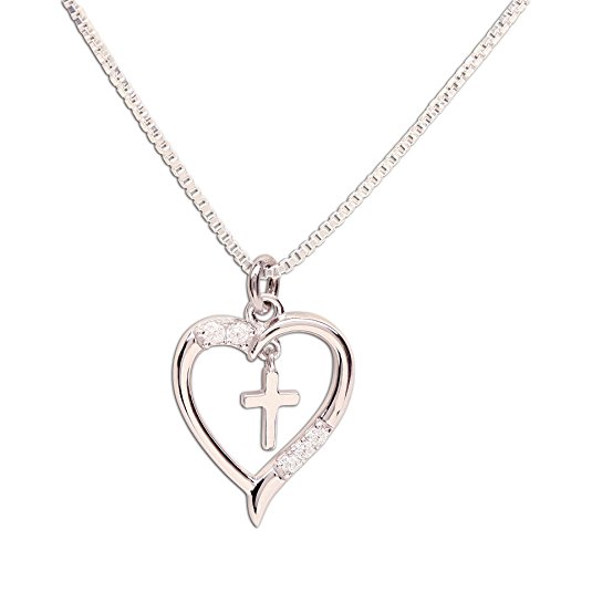 Girl's Sterling Silver First Communion "Dancing Cross" Heart Necklace