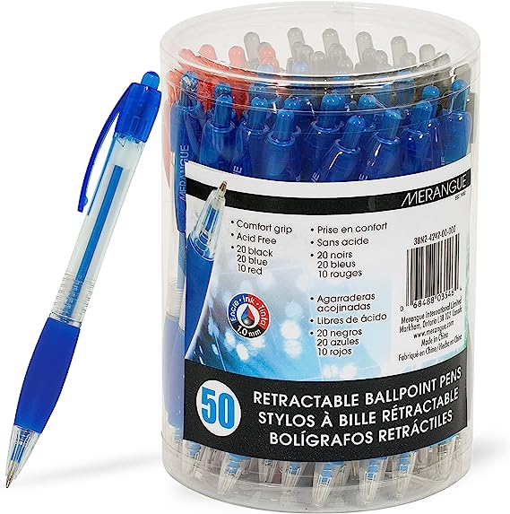 Merangue Retractable Comfort Grip Ballpoint Pens, Medium Point (1.0mm), Assorted, 50 Pack