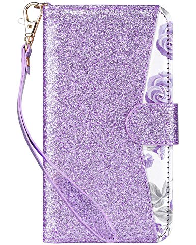 ULAK Flip Wallet Case for iPhone 8/ iPhone 7, Bling Glitter PU Leather Case with Multi Credit ID Card Holders Pockets Folio Magnetic Closure Cover for Apple iPhone 8/ iPhone 7,Women Girls Purple