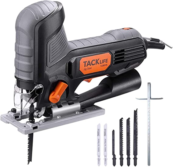 Jig Saw, TACKLIFE 5.0 Amp Barrel-Grip Jigsaw with 800-3000 RPM Variable Speed, 6 Blades, Pure Copper Motor, 45° Bevel Cutting, Adjustable Aluminum Base, 3M Cord- TJS01A