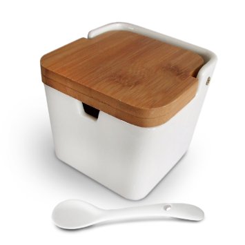 Alpha Armour Salt Box with Spoon: Seasoning Bowl to Store Sugar or Salt, Porcelain Base and Bamboo Cover