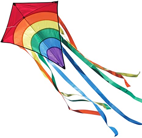 MIC CIM Kite - Rainbow Eddy – single line kite for children from the age of 3 years up - 65x74cm - incl. 80m kite string and 8x105cm striped tails (Red)