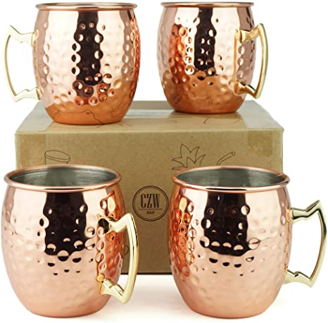 PG Set of 4 Classic Hammered Copper Plated Moscow Mule Mug with Brass Handle Stainless Steel Lining, 19.5oz, Factory Direct Sale