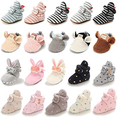 TIMATEGO Newborn Baby Boys Girls Cozy Fleece Booties with Grippers Stay On Slipper Socks Infant Toddler Crib Winter Shoes for Boys Girls