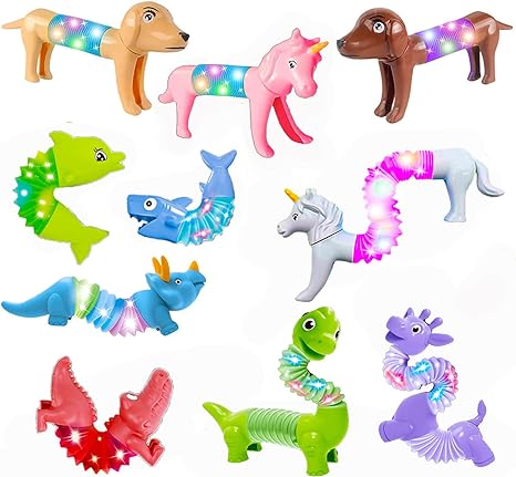 Pop Tubes Animal Fidget Toys with LED Light,10 Pack Sensory Tubes for Toddlers,Cute Animal Sensory Fidget Toys for Girls and Boys,Stress Relief,ADHD Toys,Sensory Toys Gift for Kids