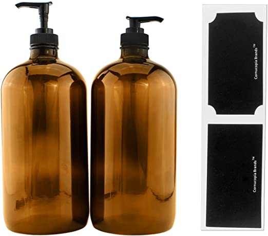 32-Ounce Amber Glass Lotion Pump Bottles (2-Pack); Quart Size Brown Bottles w/Black Plastic Soap, Hand Care & Lotion Locking Pump Dispensers; Includes Chalk Labels