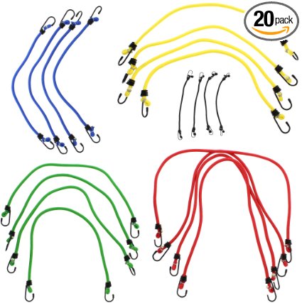 ABN Heavy Duty Assortment Bungee Cord Straps 10, 18, 20, 24, & 30-Inch Ties, 20 Pack