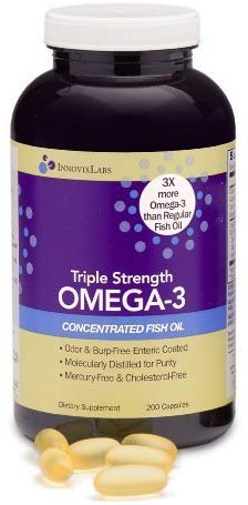 InnovixLabs Triple Strength Omega-3. Concentrated Fish Oil, 900 mg Omega-3 per Pill. Enteric Coated, Odorless & Burp-Free - 200 Capsules (200 Capsules)