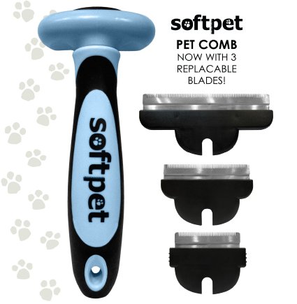Softpet Grooming Tool for Cats and Dogs - Deshedding Brush for Long and Short Hair Pets - Easy Clean Kit with 3 Replaceable Combs - No Shampoo or Scissors Needed - Reduce Shedding - Lifetime Warranty