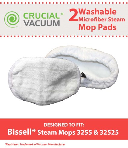 2 Bissell Washable, Reusable Steam Replacement Microfiber Mop Pads Fit Bissell Steam Mop model 1867; Compare to Bissell Steam Mop Part # 203-2158, 2032158, 3255, 32525; Designed & Engineered By Crucial Vacuum