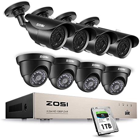 ZOSI 8CH 1080P Security Camera System HD-Tvi Video Dvr Recorder with (8) 2.0MP Bullet and Dome Weatherproof CCTV Cameras, Motion Alert, Smartphone, Pc Remote Access, 1TB Hard Drive