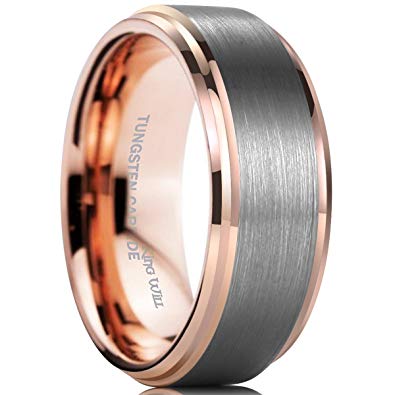 King Will DUO 8mm Tungsten Carbide Wedding Band for Men Rose Gold Plated Beveled Polished Comfort Fit