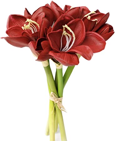 12" Real Touch Artificial Amaryllis Bouquet Home Office Hotel Decoration Wedding Centerpiece Bouquet (Christmas Red)