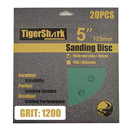 TigerShark 5 Inch Sanding Discs 8 Hole Wet Dry Grit 1200 20pcs Pack Special Anti Clog Coating Film Green Line Hook and Loop Dustless Random Orbital Sander Paper Super Fine