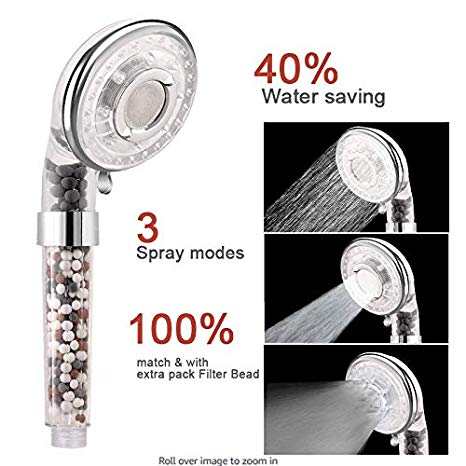 Rovtop Ionic Shower Head - Handheld Filter Filtration Showerhead 200% High Pressure 40% Water Saving with 3 Sprays Settings and Water Stop Mode, with an Extra Spare Pack Filter Bead