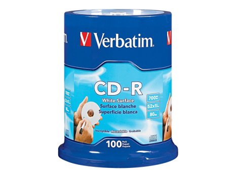 Verbatim 700MB 52x 80 Minute Blank White Surface Disc CD-R, 100-Disc Spindle 94712