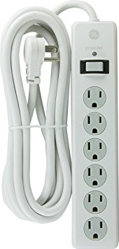 GE 14014 6-Outlet General Purpose Surge Protector, 800 Joules, 8ft Cord, White, with Twist to Lock Safety Covers and Connected Equipment Warranty