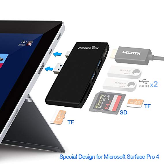 Microsoft Surface Pro 4 Usb 3.0 Hub Adapter, Rocketek Memory Card Reader with Mini DP to HDMI Adaptor (4K)   Dual USB 3.0 Port (5Gps)   2 SD/TF(Micro SD) Combo Docking Station Wireless