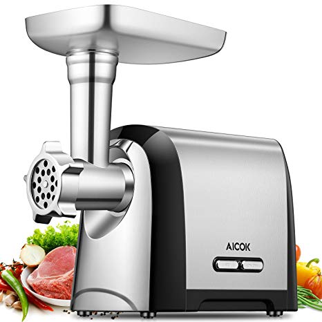 Aicok Electric Meat Grinder, Sausage Maker with Accessory Box, Heavy Duty Food Processing Machine with Cutting Blade, 3 Grinding Plates, Kubbe and Sausage Stuffing Attachment, ETL Approved, 1200 Watt