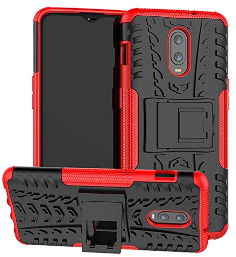 OnePlus 6T Case, Yiakeng Dual Layer Shockproof Wallet Slim Protective with Kickstand Hard Phone Cases Cover for OnePlus 6T (Red)