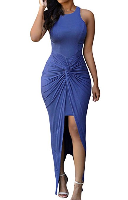 Sexy Womens Sleeveless Hig Low Knotted Slit Party Club Dress