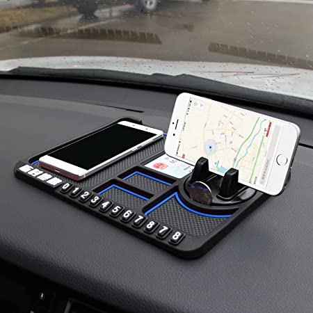Lucky Store Rubber Car Dashboard Phone Mat with 360 Degrees Rotating Phone Holder, Anti-Slip Mat with Parking Numbers for Coins Keys Cellphone (Black)