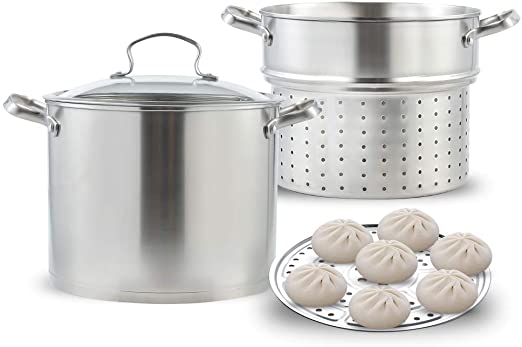 Stainless Steel Pasta Pot Cooker Steamer Pot, 9 Quart Steaming Cookware Boiler Set with Steamer Basket and Glass Lid