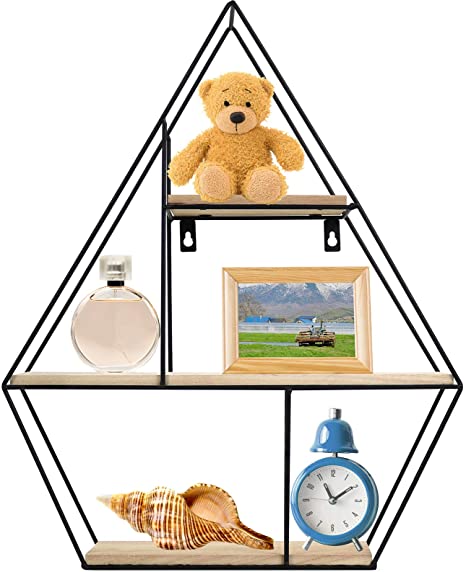 Greenco, Natural Geometric Diamond Gem Shaped Mounted Floating, Home Decor, Metal Wire and Rustic Wood Wall Storage Shelves for Bedroom, Living Room, Bathroom, Kitchen and Office - GRC2927