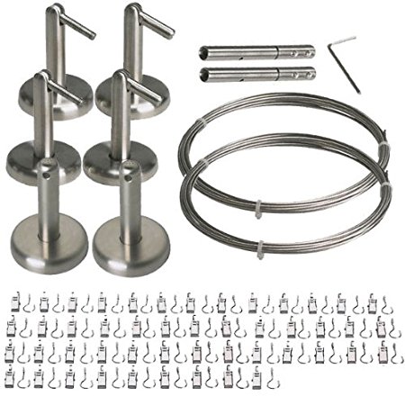 Curtain Wire Rod Set Stainless Steel, Multi-purpose, 33' Wire, 4 Mounting Pieces, 48 Clips, 2 Corner Pieces