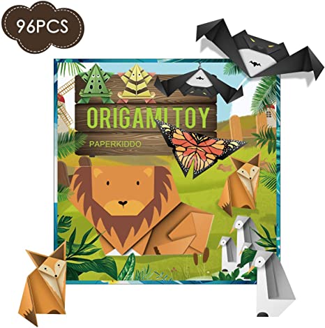 Paperkiddo 96 Sheets Origami Paper Kit with 12 Easy Origami Projects Colored Instructional Book Origami Paper for Kids Adults Beginners Training and School Craft Lessons