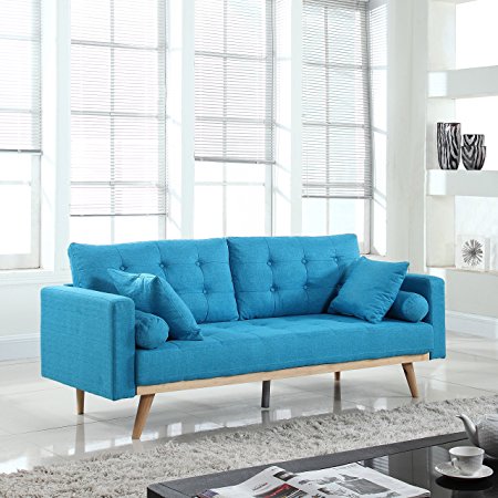 Mid-Century Modern Tufted Linen Fabric Sofa (Light Blue)