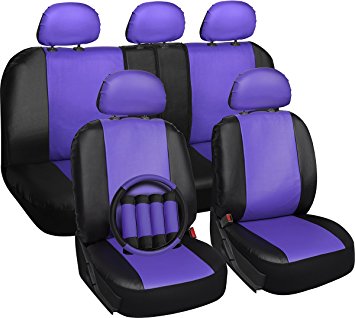 OxGord 17pc PU Leather Purple/ Black Car Seat Cover Set - Airbag - Front Low Back Buckets - Universal Fit for Car, Truck, SUV, Van - Steering Wheel Cover