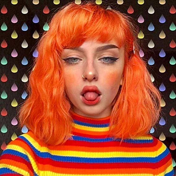 AISI HAIR Orange Bob Curly Wig Short Wave Curly Wig with Bang Shoulder Length Custom Cosplay Halloween Party Wigs Synthetic Hair Orange Color(14", Orange)