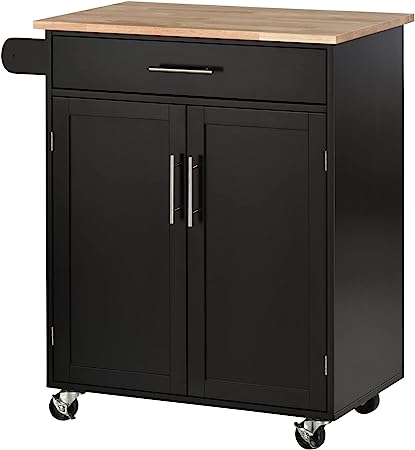 HOMCOM Chariot de Service Chariot de Cuisine sur roulettes Ilot de Cuisine avec tiroir de Placard et Porte-torchons - 83W x 45D x 91.5cm Noir