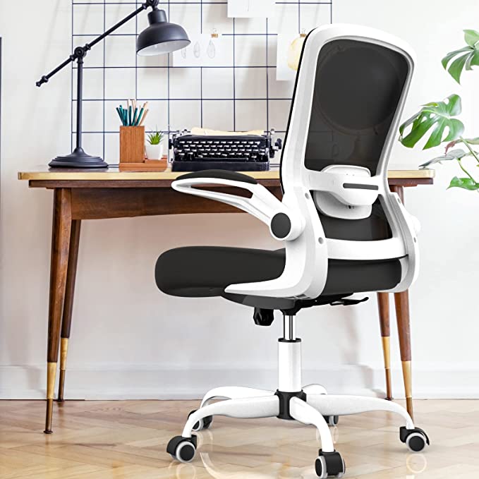 2022 Upgraded Ergonomic Office Chair, Home Office Desk Chairs with Thickened Foam Cushion and Lumbar Support, Swivel Office Desk Chair with Flip-up Armrests and Rocking Function, White