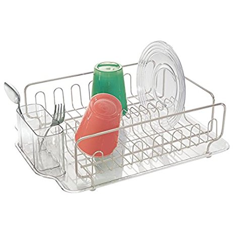 mDesign Kitchen Dish Drainer Rack with Tray for Drying Glasses, Silverware, Bowls, Plates - Satin/Clear