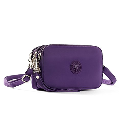 Wallet Handbag M.Way 3 Layers Storage Zipper Waterproof Nylon Crossbody Shoulder Bag Cell Phone Pouch Handbag Purse with Wrist Strap for iPhone6/7 Samsung S5 S6 S7 Under 5.5'' Purple