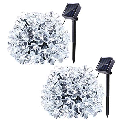 Joomer 2 Pack Solar String Lights, 22ft 50LED Cherry Blossom Fairy String Lights Waterproof for Outdoor Christmas, Patio, Lawn, Garden, Holiday and Festivals Decorations (White)