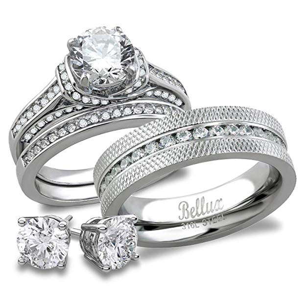 His and Hers Matching Bridal Set Stainless Steel CZ Wedding Rings Set   Free Sterling Silver Earrings