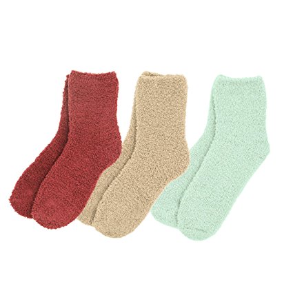 Soft Solid & Striped Winter Fuzzy Plush Socks - 3 Pairs Set, Diff Colors Avail