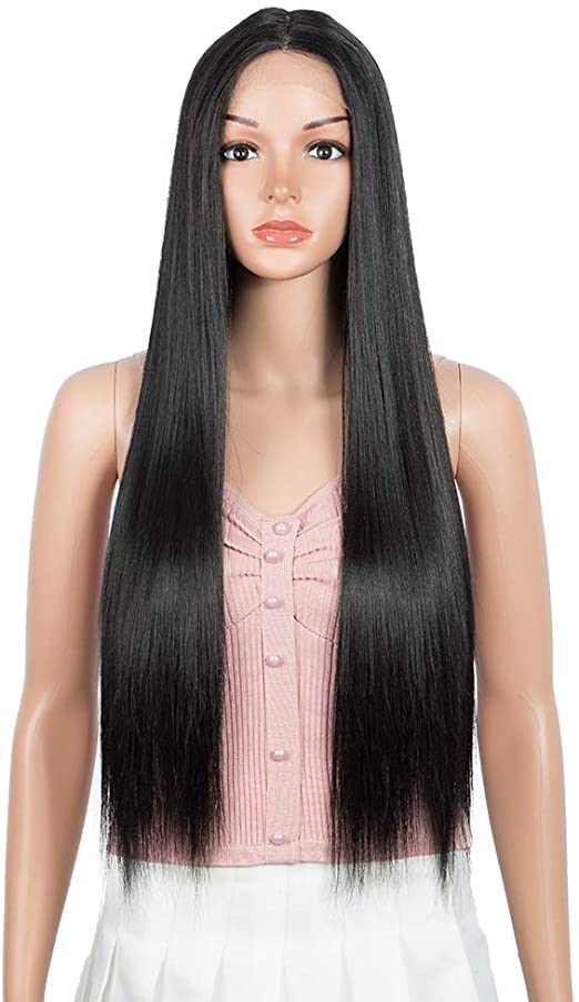 Joedir 26" Long Straight Lace Front with 1.5"x4" Simulated Scalp Wig Deep Parting Heat Resistant Synthetic Wigs With Baby Hair For Black Women 130% Density(Natural Black Color)