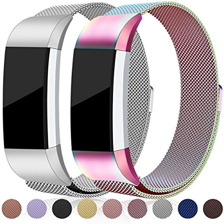 For Fitbit Charge 2 Bands, Maledan Stainless Steel Milanese Loop Metal Replacement Accessories Bracelet Strap with Unique Magnet Lock for Fitbit Charge 2 HR Large Small, Silver, Black, Gold, Rose Gold