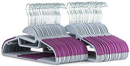 50 pc Premium Quality Easy-On Clothes Hangers - Grey with Purple Non-Slip Pads - Space Saving Thin Profile - For Shirts, Pants, Blouses, Scarves – Strong Enough for Coats