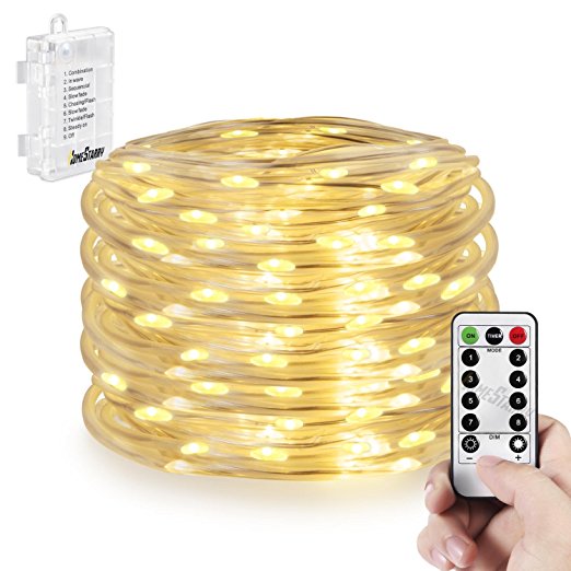 Outdoor Rope Lights ,Battery Operated 50 LED 16.4FT Waterproof String Lights 8 Modes Twinkling Fairy Lights with Remote Timer for Garden Patio Outdoor Decoration Christmas Rope Lights (Warm White)