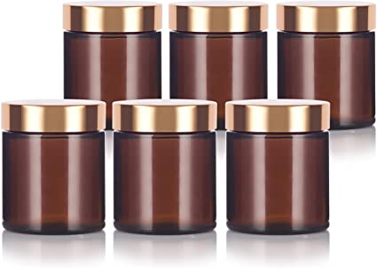 Amber Thick Glass Straight Sided Jar with 4 oz / 120 ml (6 pack, Gold Metal Overshell Lid)