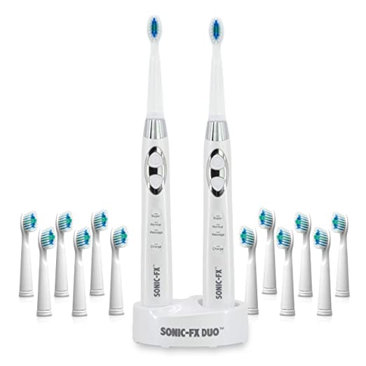 Sonic-FX Duo Sonic Toothbrush Set with 8 Pieces Replacement Brush Heads - Charging Dock and Stand, Smart Auto-Timer - White