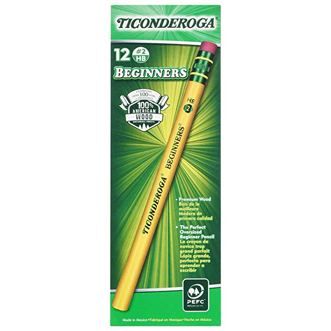 Ticonderoga Wood-Cased Beginner Pencils, #2 HB Soft, With Eraser, Yellow, 12 Count (13308)